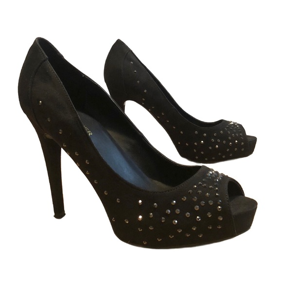MARC FISHER Harpy Crystal Studded Platform Stiletto Heel Pumps Black Suede Sz‎ 9 - Picture 1 of 14